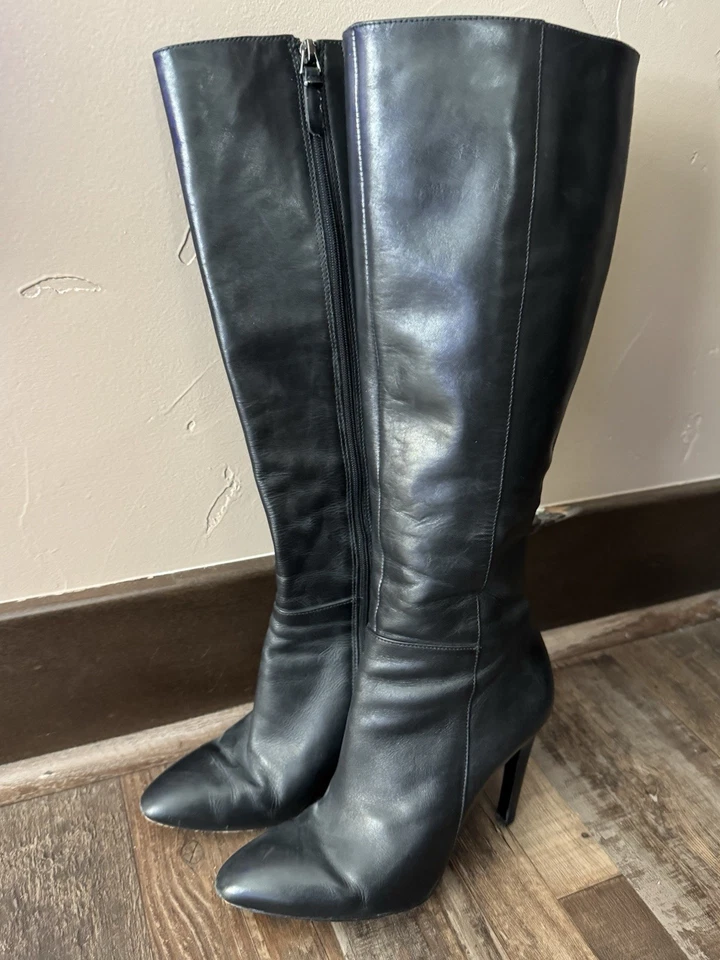 Botas hasta la rodilla Via Spiga Carmina de cuero negro punta de aguja talla 6 Foto 2 de 4