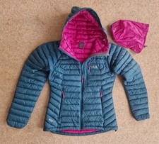 Rab Microlight Alpine Women Down Hooded Jacket Green Pink Size 10 Pertex Quantum