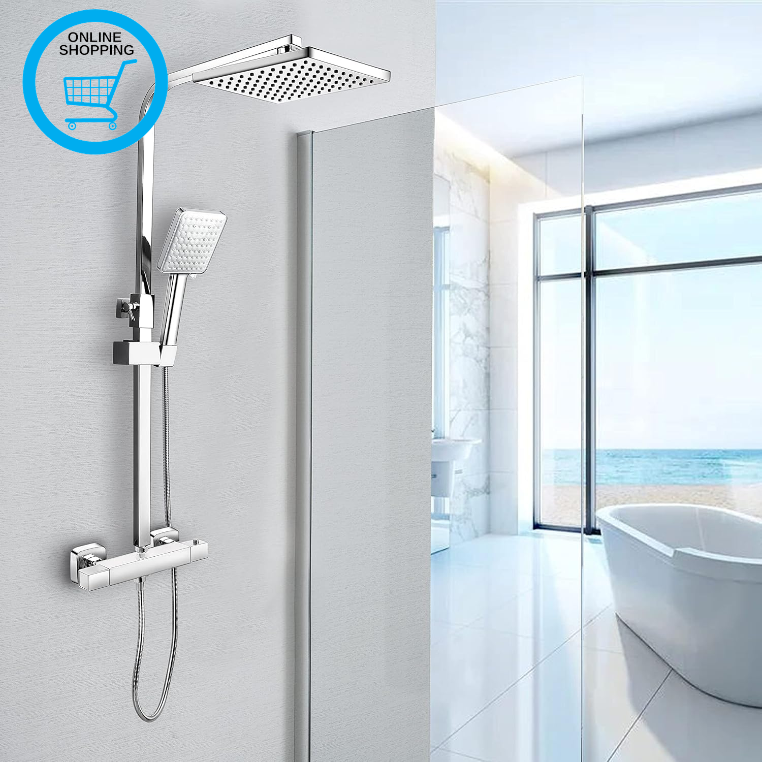 Shower System Thermostatic Set, Chrome Shower Riser Rail with Adjustable Rainfal