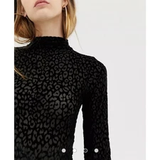 ASOS Collusion Black Bodysuit Leopard  Burnout Velvet Mock Neck Long Sleeve 8