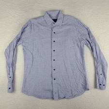 David Donahue Dress Shirt Mens 16 M/L Blue Purple Check Fusion Linen Button Up