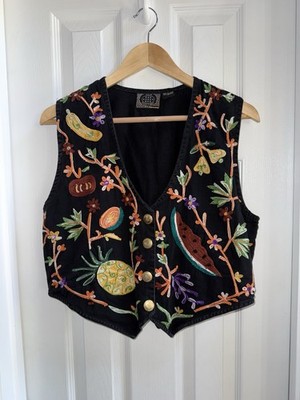 Vintage 90 s Fruit Embroidered Vest Size M Gold Button Close Festive Artsy Chic