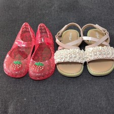 Cat Jack Girls Size 8 Lot 2 Pink Floral Strap Sandals Red Strawberry Flats