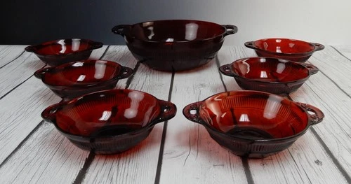 Vintage Anchor Hocking Coronation Red Ruby Fruit  Bowl Set of 7 Depression Glass