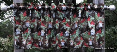 Cardinal Birdhouse Pine Holly Brown Holiday Rustic Christmas Curtain Valance