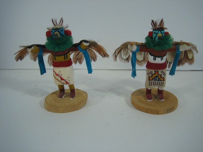 Pair Of Signed 3.5" Tall Carved Wood Eagle Dancer Kachina Dolls Sculptures
