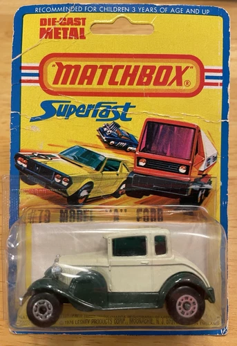 1979 Matchbox S/F Lesney #73 White Model “A” Ford on Card,  Rare Green  Windows
