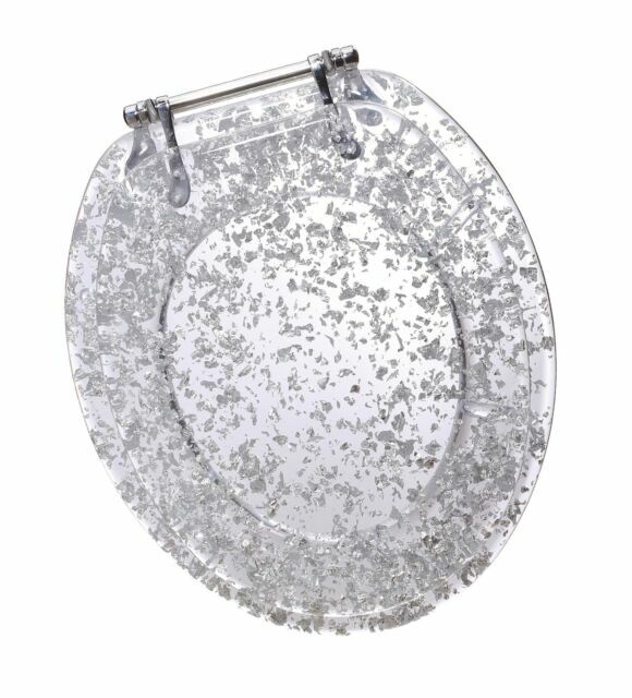 Home Silver Foil Ginsey Elongated Resin Toilet Seat Chrome Hinges Bath
