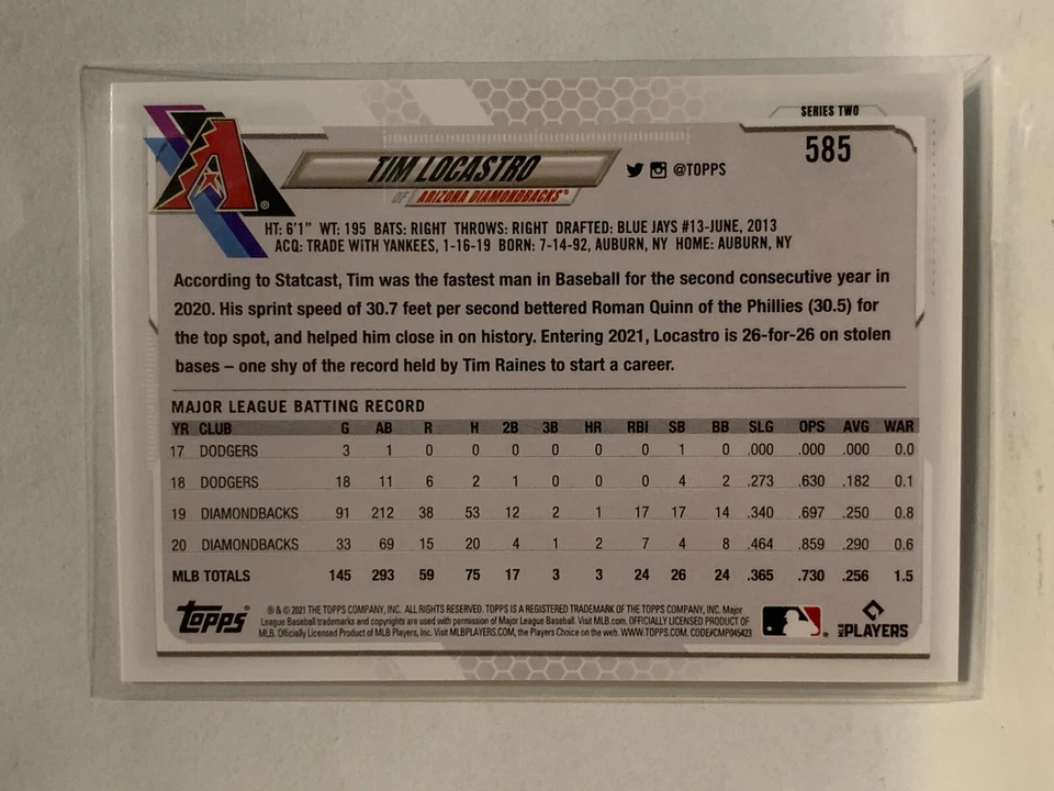 #585 Tim Locastro Arizona Diamondbacks 2021 Topps Series 2 Baseball Card - Image 2 of 2
