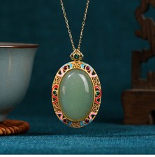 Green Jade Crystal Pendant Necklace Charm Gold Plated Chain Dainty Gemstone