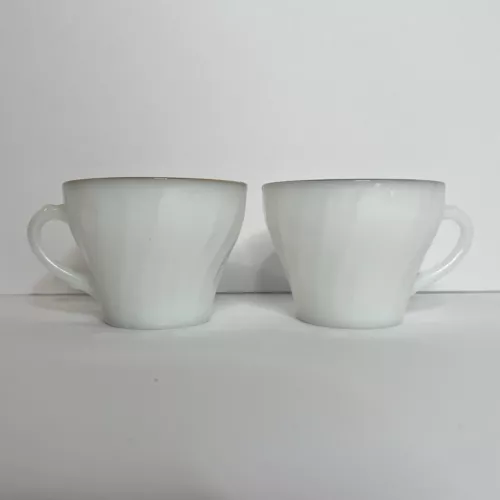Set Of 2 Anchor Hocking Fire King Gold Rim Milk Glass Swirl Coffee Tea Cups VTG