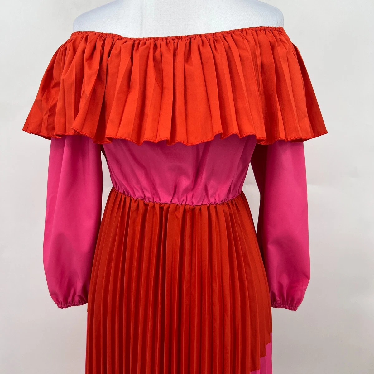 Never Fully Dressed Off Shoulder Contrast Pleated Maxi Dress 2 Pink Red READ