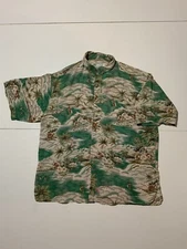 Vintage Citron Santa Monica 100% Silk Hawaiian AOP Boat Palm Tree Button Shirt M