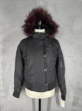 American Rag Hooded Bomber Black W/Burgundy Faux Fur Size Medium NWT