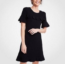 NEW Ann Taylor Black Ruffle Sleeve Knee Length Chevron Sweater Dress XS Tall