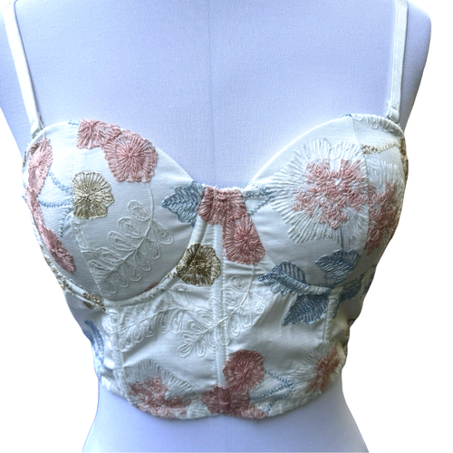 EFFORDRAM Cropped Top Bustier Corset Large (40/42 or 8/10) White Embroidery NEW