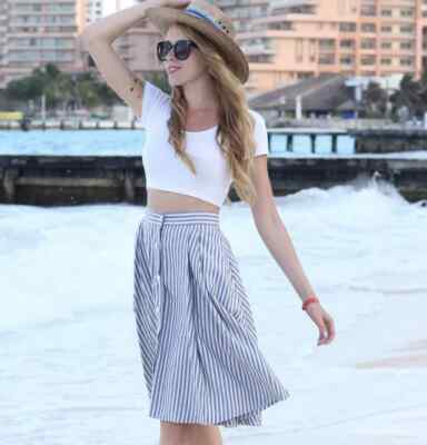 Zara Basic Nautical Stripe Skirt Cotton Blue White Front Buttons 7597/132 SMALL