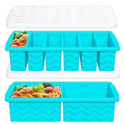 2-Pack Silicone Freezer Trays with Lid, 2 5x2x11 inches, Azure blue（6+2） 