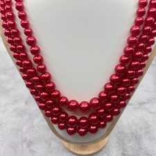 Red Faux Pearl Triple Strand Necklace Silver Tone Statement Coquette Y2K Gift
