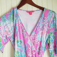 Lilly Pulitzer Dress Womens Medium Pink Floral Wrap Maxi Half Sleeve Belted
