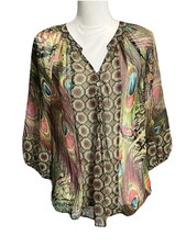 Figueroa  Flower Blue Floral Semi-Sheer Blouse Peasant Top Tunic Small Casual