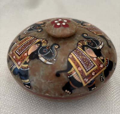 Vintage Hand-Painted Indian Soapstone Trinket Box ~ Elephant Parade''