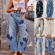 Ladies Denim Wide Leg Midi Waist Jeans Mid Rise Barrel Pants Baggy TrouserS SIZE