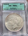 1934-D MS61 Peace Dollar IGC  Better Date - Low Mintage