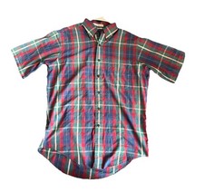 Vintage Short Sleeve Button Down Shirt Men’s M 100% Cotton Made In USA Red Blue