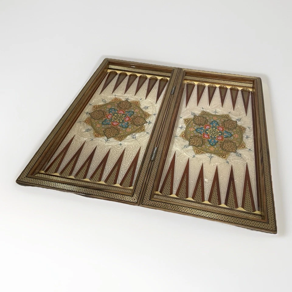 Handmade Khatam Backgammon & Chess Set Inlaid Folding Wooden Board with Case 03 - Image 3 of 4