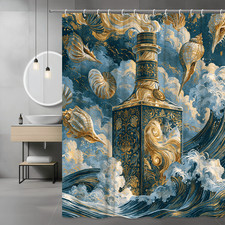 Nautical Lighthouse Clouds Shower Curtain Blue Gold Graphic