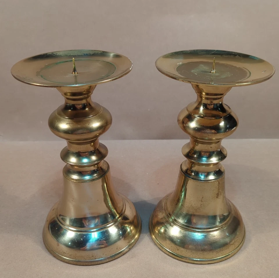 Vintage 8.5" Brass Bell Shaped Pillar Candle Holders Set Made In India - Image 2 of 4