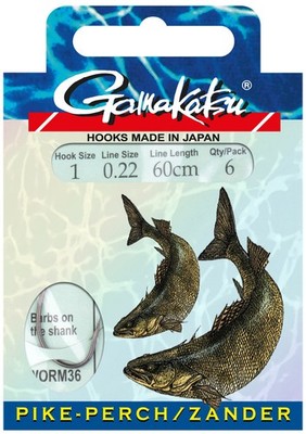 Gamakatsu Zander Vorfach Nylon BKS-Worm 36 60cm 6Stk. Wurmhaken Gebunden