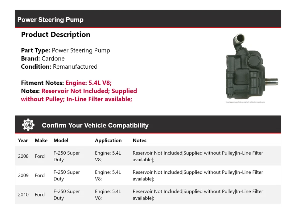 Насос гидроусилителя руля Cardone 2009 для 2008-2010 Ford F-250 Super Duty 5,4 л V8 - Изображение 2 из 4
