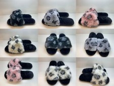 Womens Soft Fur Print Slippers Sliders Shoes Furry Padded Comfy & Cosy Insole