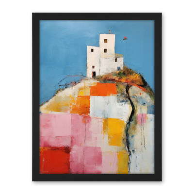 House on the Hill Painting Abstract Geometric Patchwork Framed Art Picture 18X24