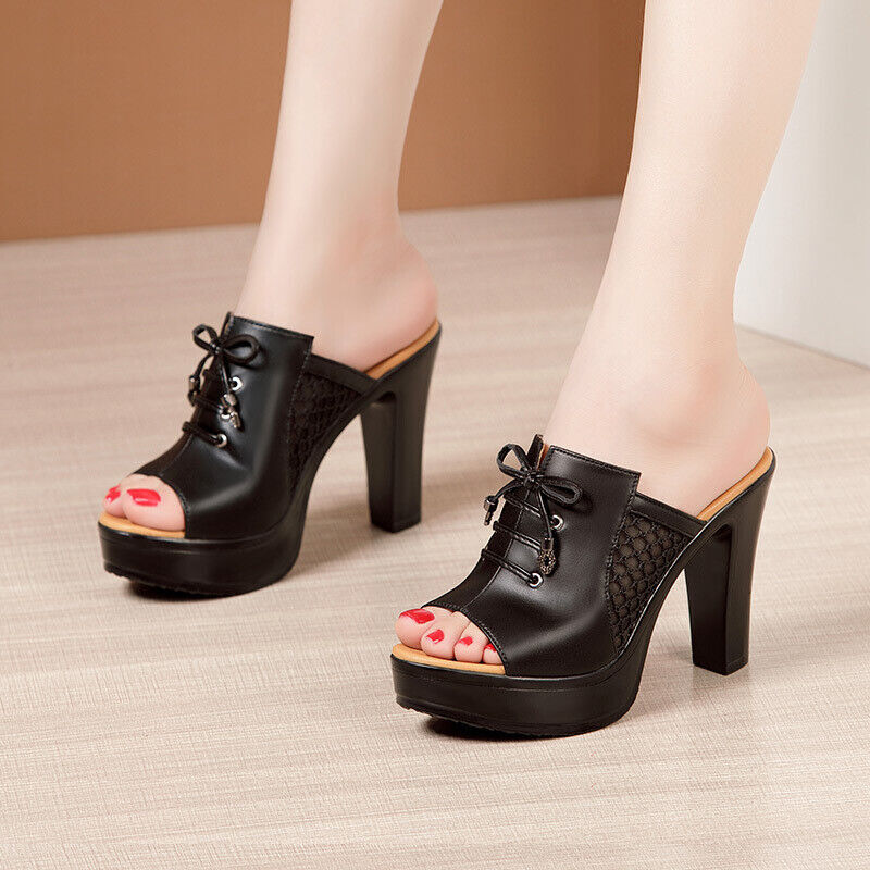 2021 Women Peep Toe Platform Block Heels Summer Lace Up Mule Cut