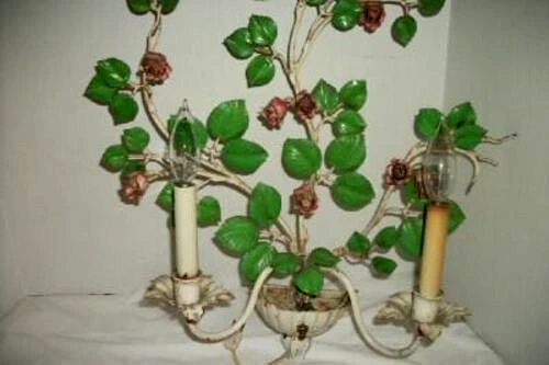 Italian Tole Roses Sconce Wall Lamp Corded Large Cottagecore Hollywood Regency - Image 3 of 4