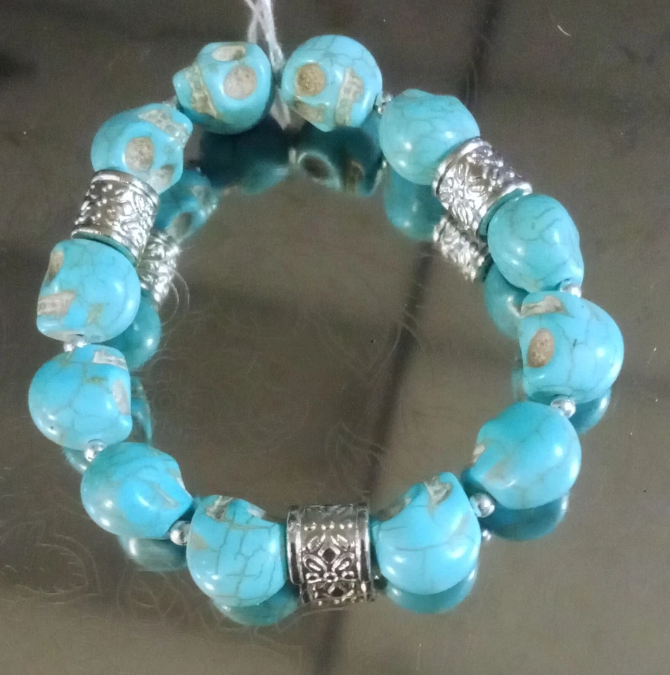 10mm Turquoise Stone Skulls Stretchable Bracelet - Image 2 of 2