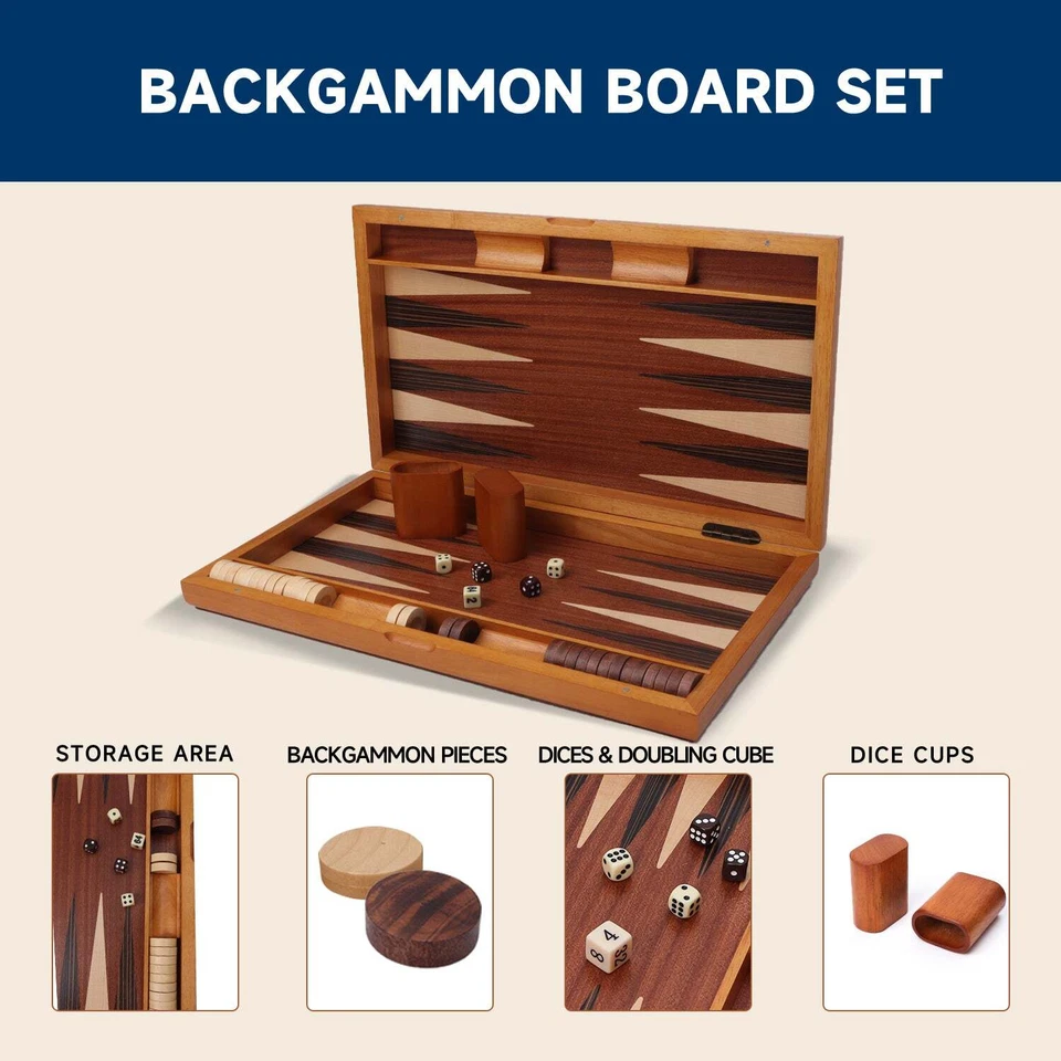 Juego de mesa clásico de backgammon de madera grande de 21". Tablero de enfoque con incrustación con pieza de juego Foto 2 de 4
