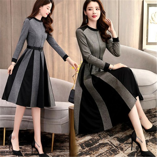 Women's Woolen Dress High Waist Elegant 