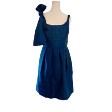 Jenny Yoo Dress Womens 6 Blue Silk Bow Cocktail Pleated Party Formal