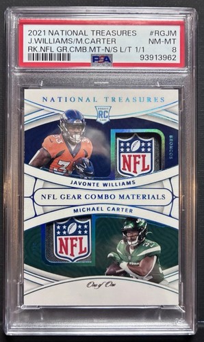 2021 National Treasures NFL Shield Laundry Tag Javonte Williams 1/1 RC PSA 8