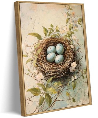 Framed Vintage Spring Easter Wall Art Easter Blue Eggs and Florals Picture Wa...