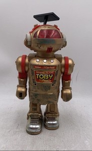 Vintage New Bright Walking Talking Gold Red Antenna Figure Toby Robot Toy