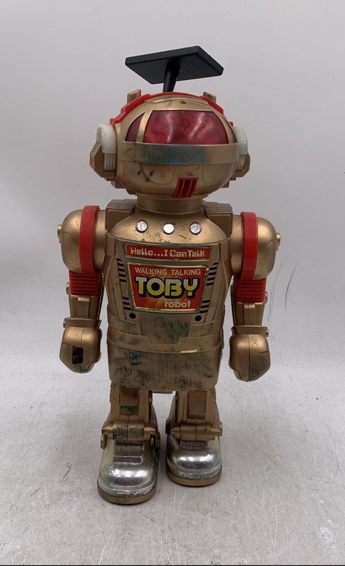 Vintage New Bright Walking Talking Gold Red Antenna Figure Toby Robot Toy