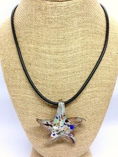 Vintage Art Glass Starfish Star Pendant Necklace Murano Style Rubber Cord