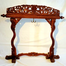 Handcarved Wooden Gong Stand 35" H Intricately detailed Dragons Antique/SE Asia?