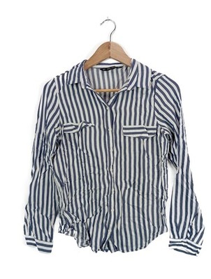 ZARA BASIC Hemd-Bluse Damen Bluse Gr. DE 38 weiß-blau Casual-Look