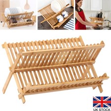 Image of 2 Tier Bamboo Dish Drainer Foldable Wooden Plate Drying Rack Kitchen Organiser